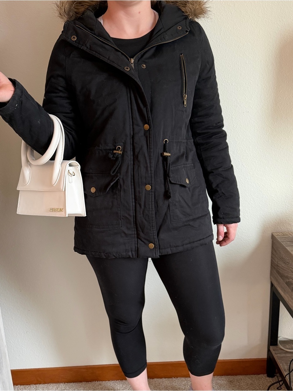 Zenana outfitters Black parka Jacket with Fur-Trimmed Hood, size medium